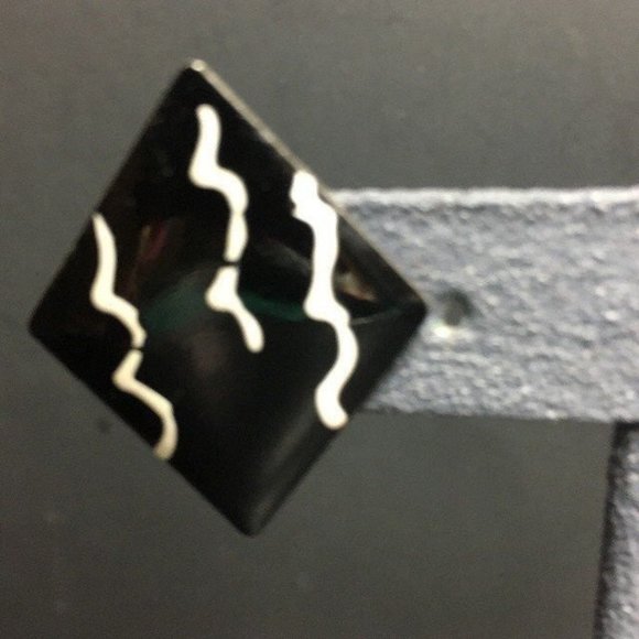 Diamond Pierced Earrings Black Enamel White Squiggle Square Retro Vintage BoHo - Picture 2 of 5